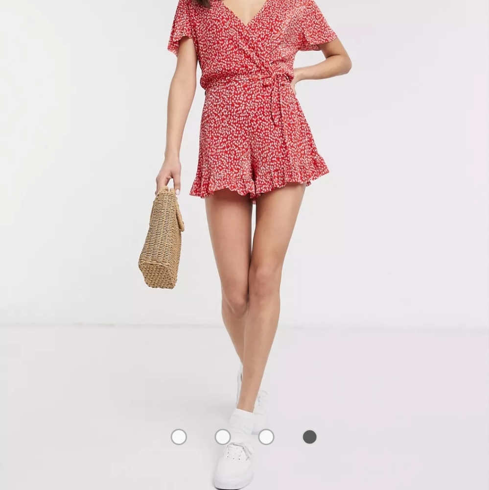 Pull and Bear wrap front romper in red floral print size M